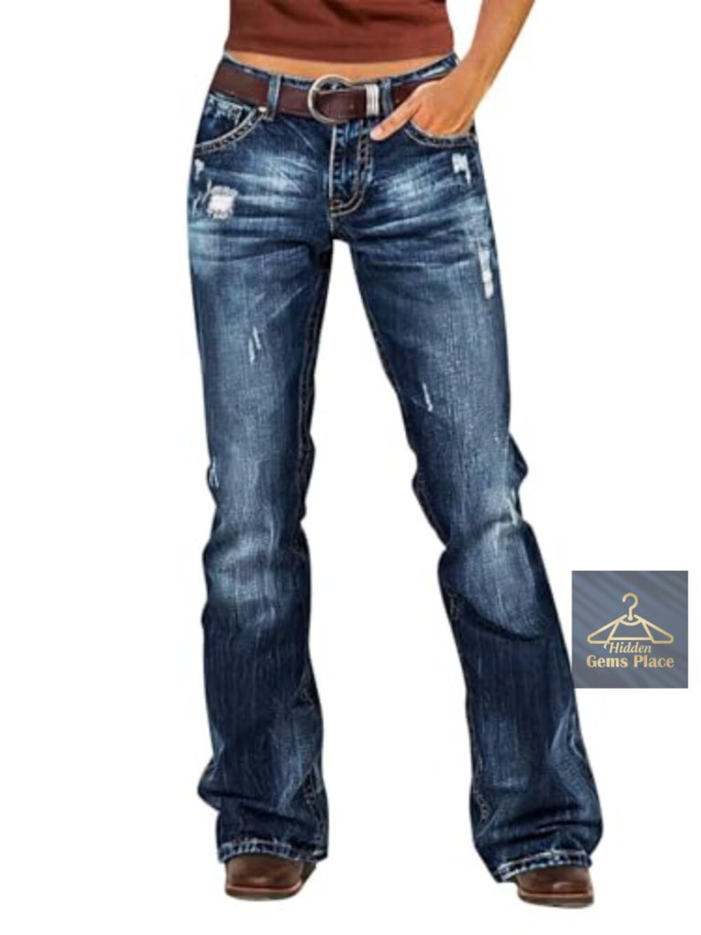 Mid Rise Ripped Bootcut Jeans for Women Stretchy Western Distressed Denim Pants